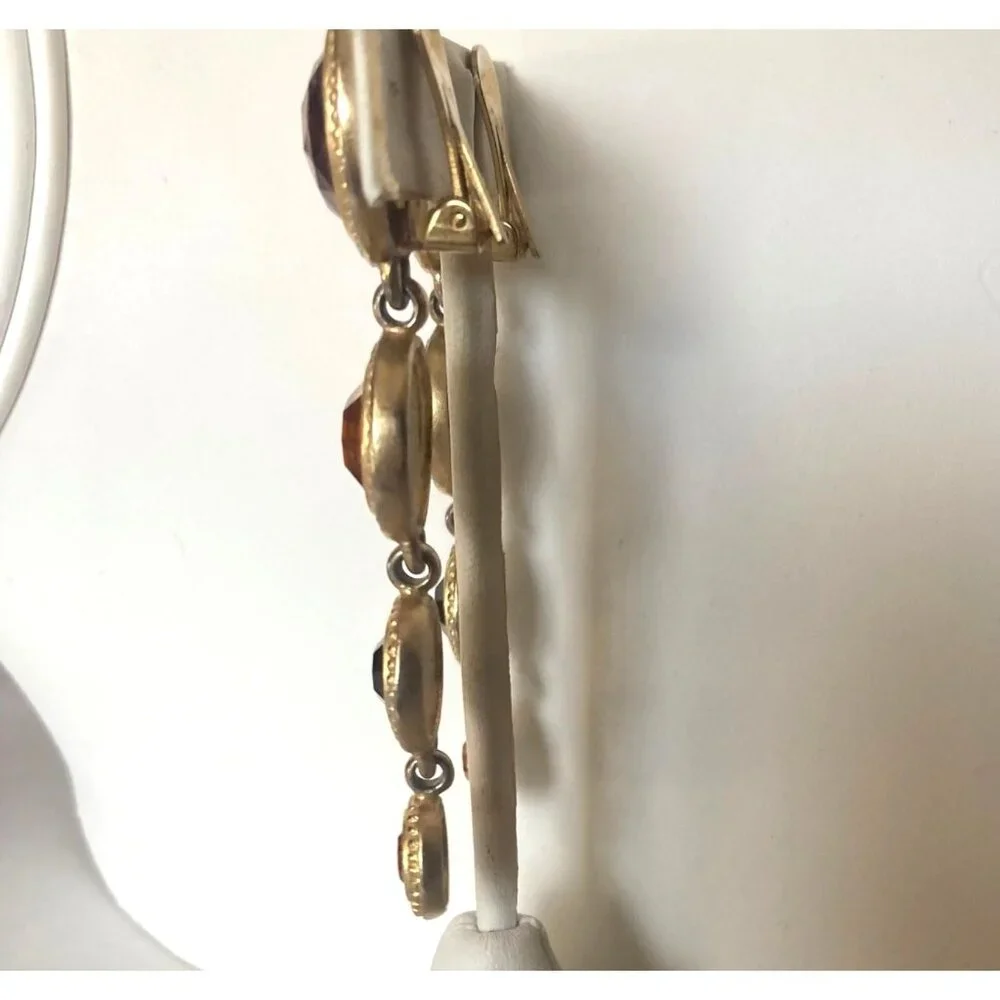Vintage Ben Amun Clip On Dangle Earrings Amber Gold Tone Gems Regency Statement - Picture 8 of 9